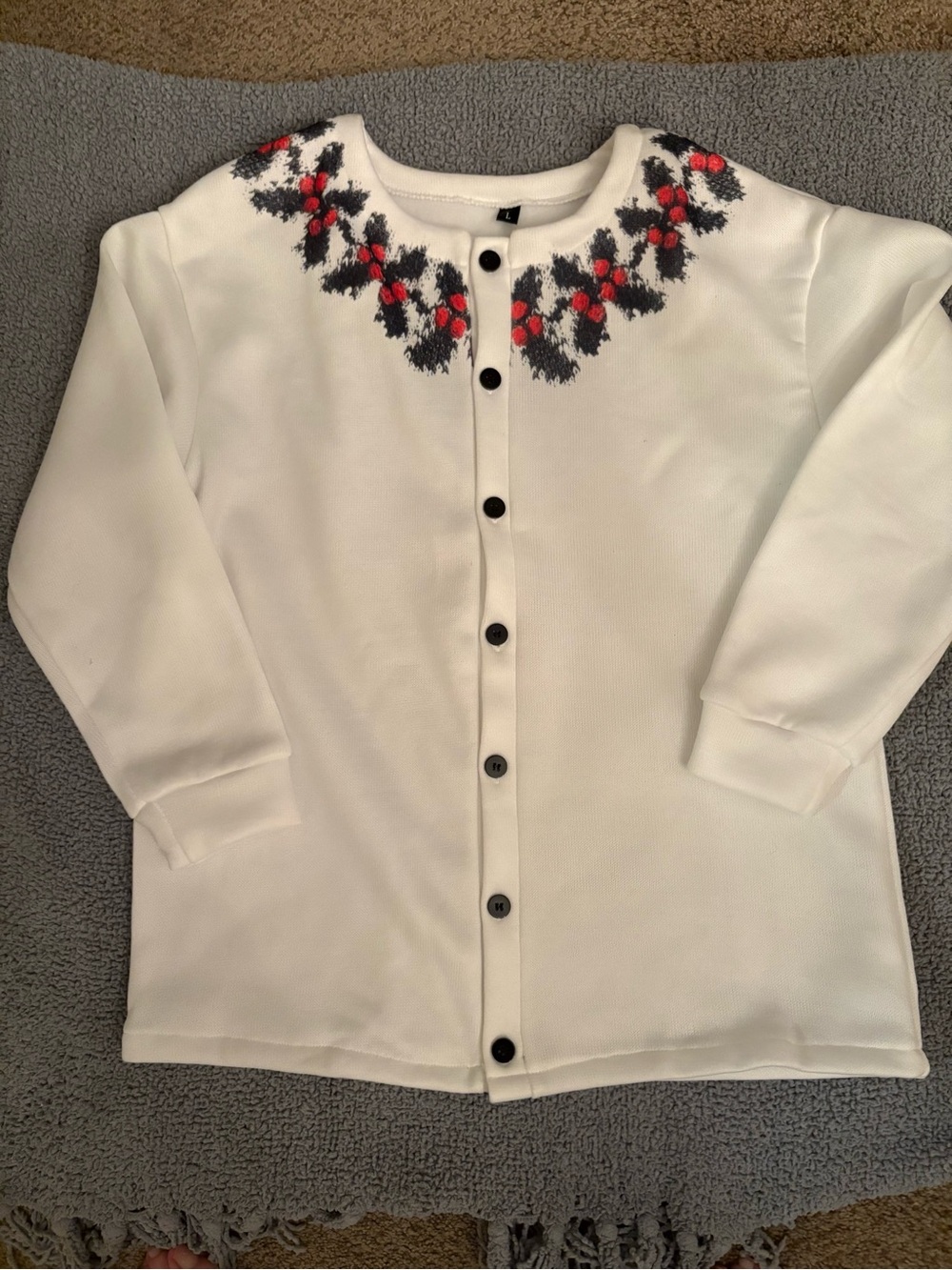 Women’s White Cardigan Sweater with Red Floral Neck Detail/Christmas top!